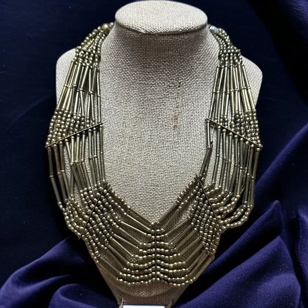 Vintage Bronze Art Deco Multi-Strand Beaded Necklace with V-Shape Design 22”